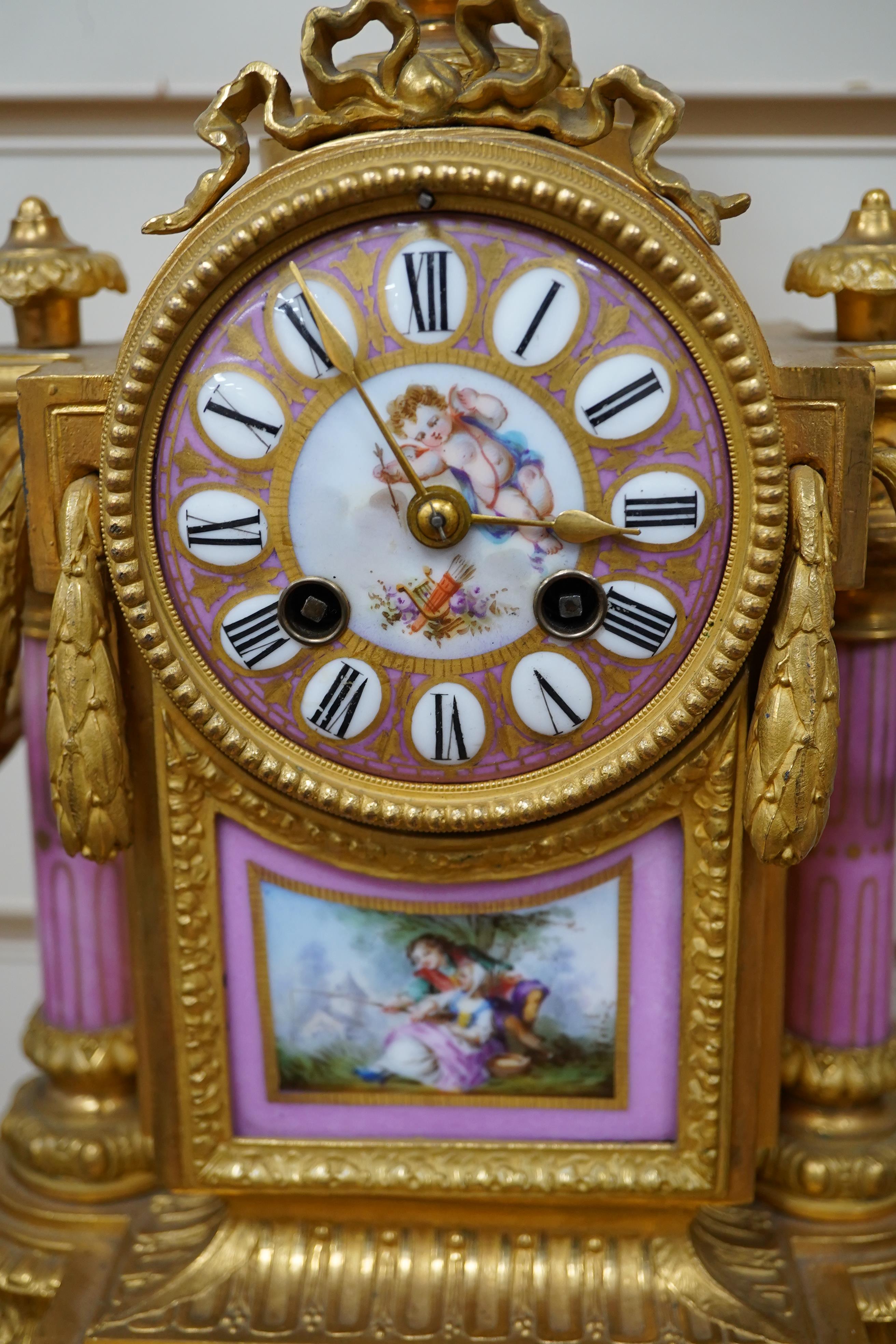 A late 19th century French enamel and gilt metal mantel clock, no key or pendulum, 38cm. Condition - appears good, not tested for time keeping